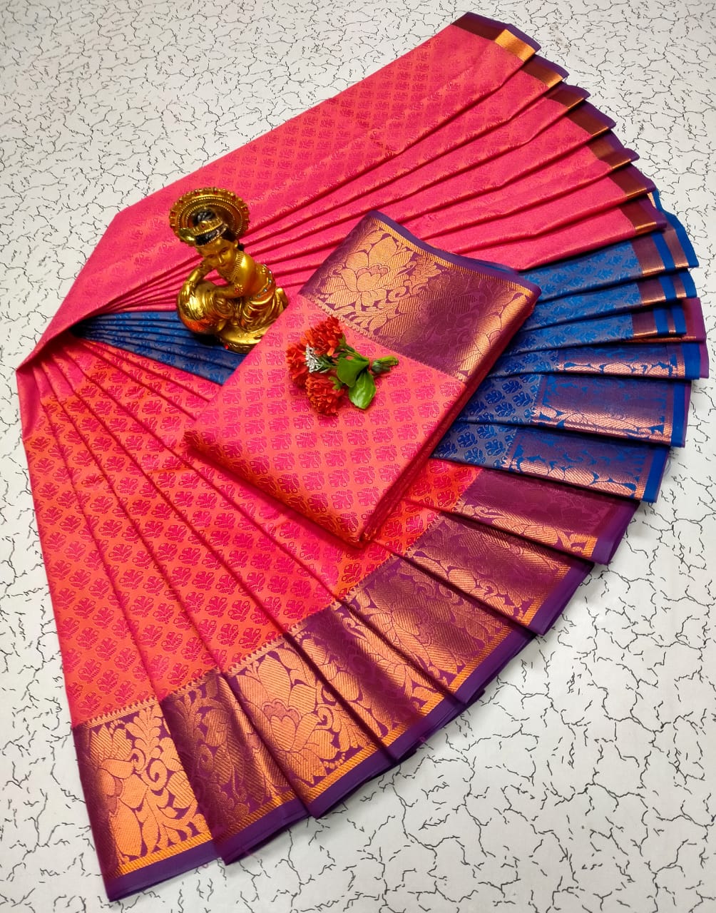 Vibrant Pink & Orange Dual-Tone Semi Silk Saree with Rich Gold Zari Border - Kalai Tex - PTS025