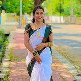 Elegant Uppada Silk Cotton Saree with Kottanj Zari Border – White & Bottle Green - KSC001