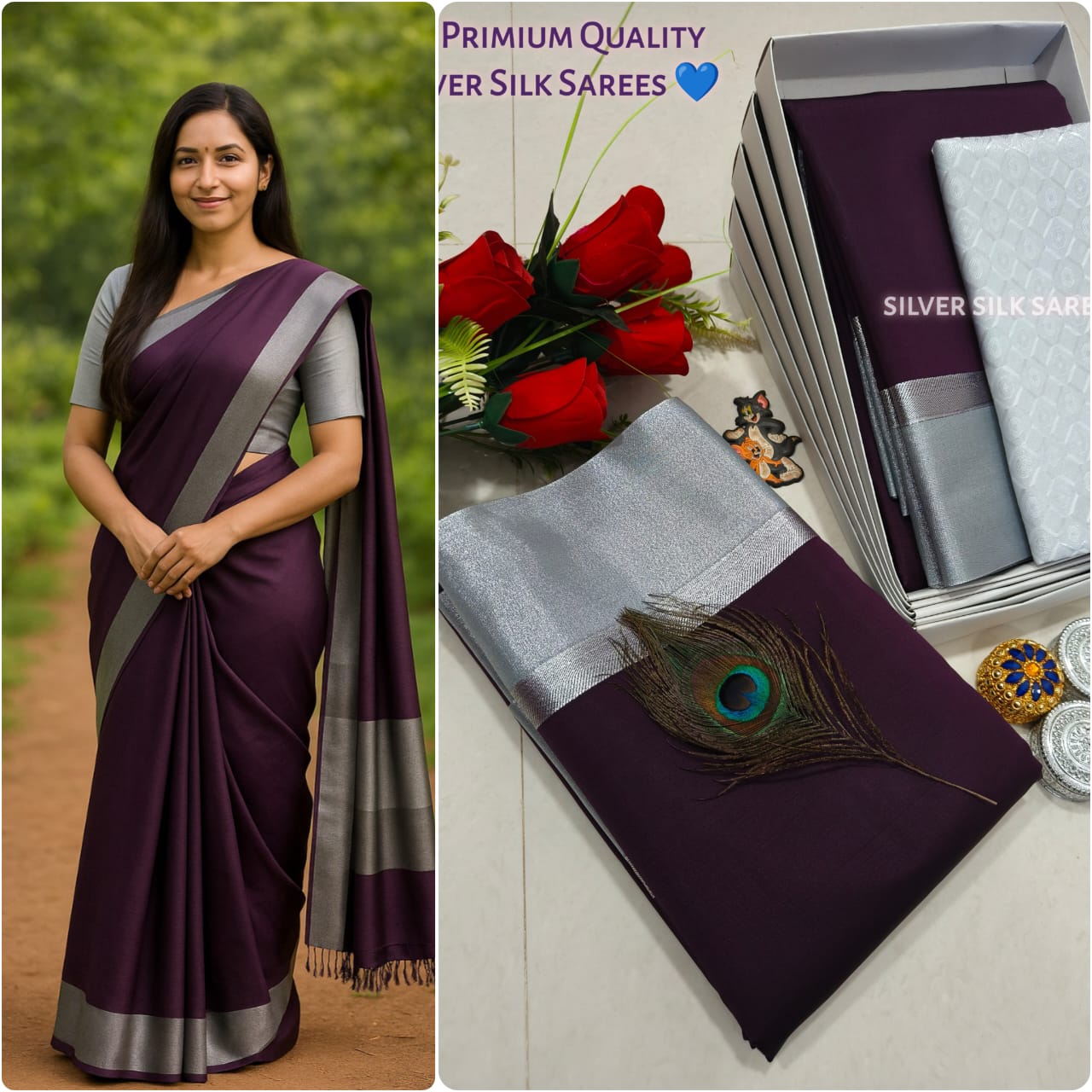 Kalai Tex Silver Border Silk Saree (SB010)