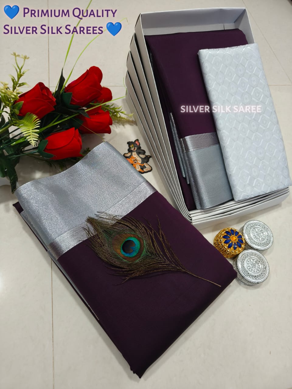 Kalai Tex Silver Border Silk Saree (SB010)