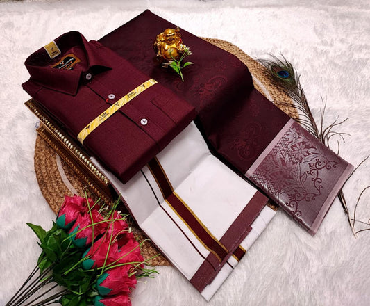 Semi Silk Saree With Cotton Dhoti & Shirt Combo – Perfect Wedding & Couple Combo (CC010)