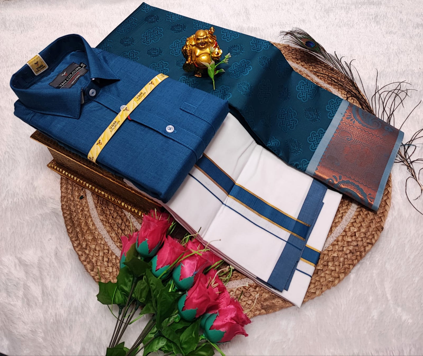 Couple Combo Saree with Cotton Dhoti Shirt (S to XXL) | CC002