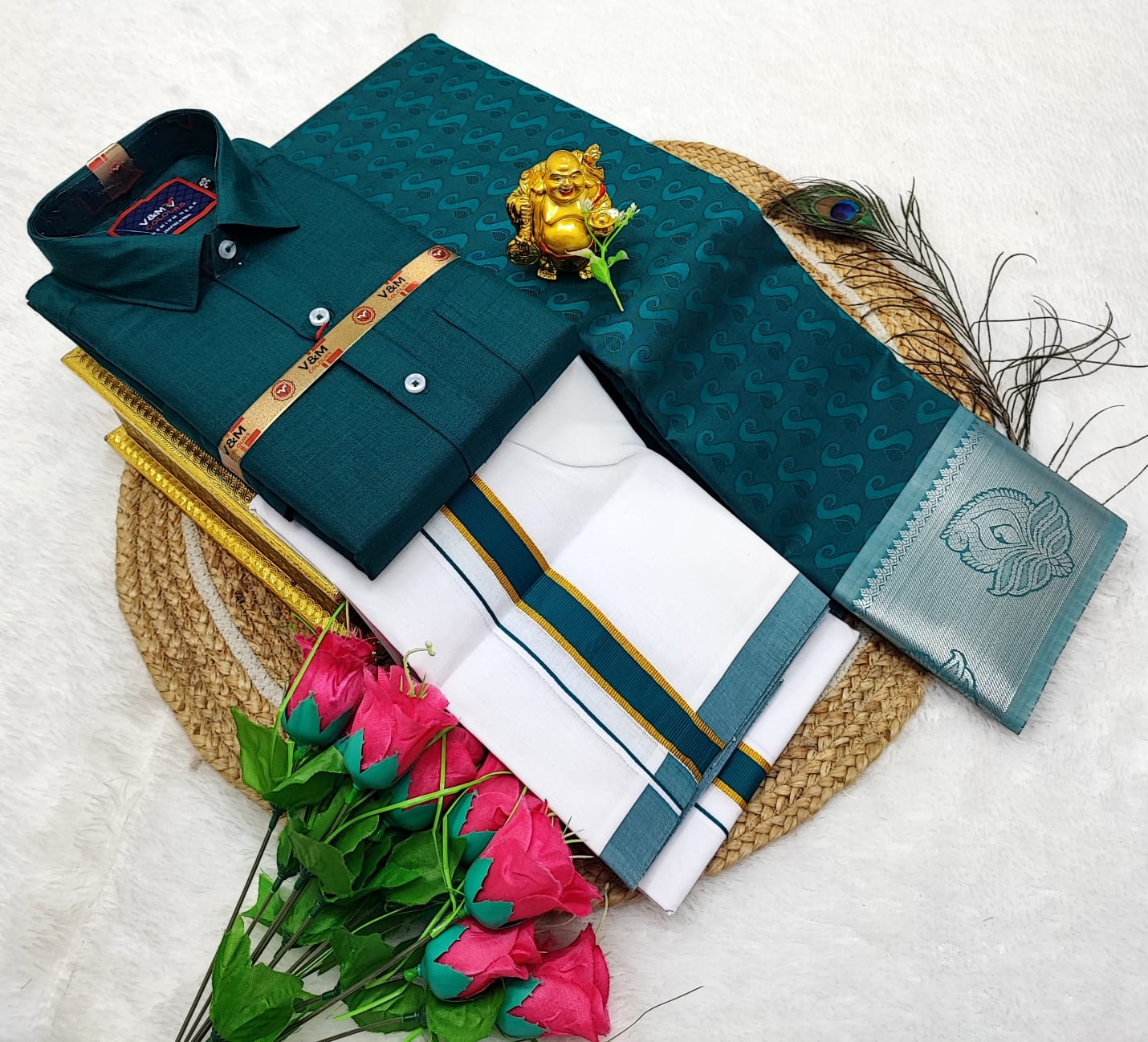 Couple Combo Saree with Cotton Dhoti Shirt (S to XXL) | CC005