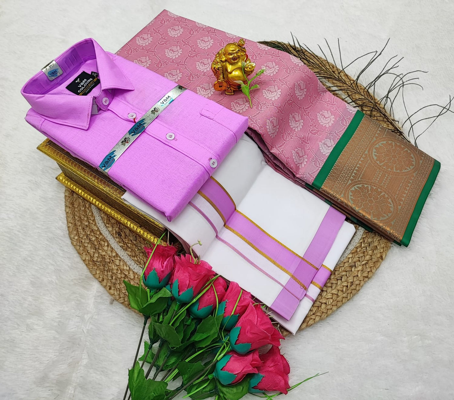 Couple Combo Saree with Cotton Dhoti Shirt (S to XXL) | CC008