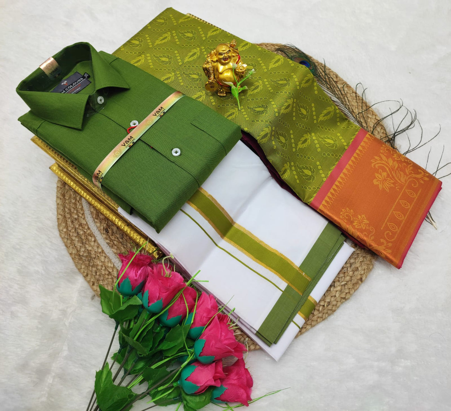 Couple Combo Saree with Cotton Dhoti Shirt (S to XXL) | CC019