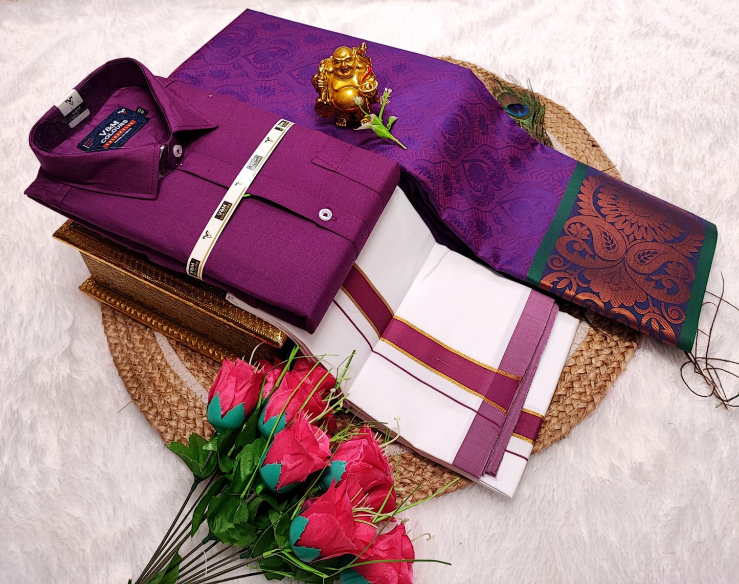 Couple Combo Saree with Cotton Dhoti Shirt (S to XXL) | CC016