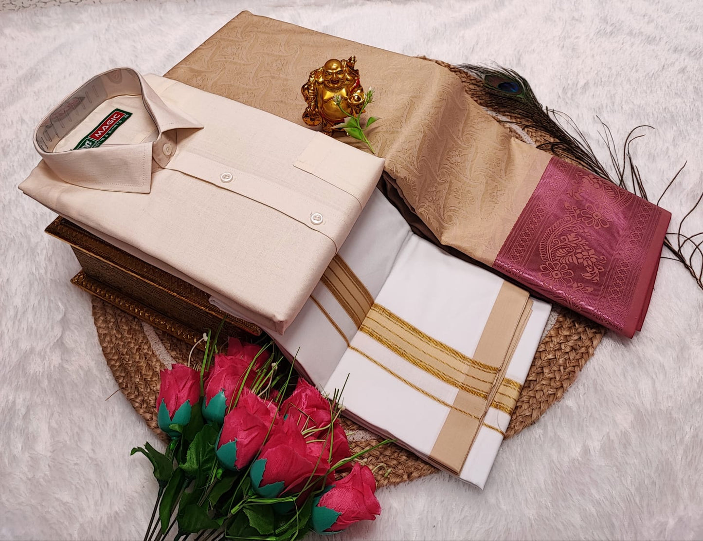 Couple Combo Saree with Cotton Dhoti Shirt (S to XXL) | CC013